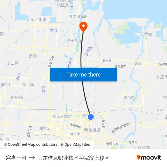 寒亭一村 to 山东信息职业技术学院滨海校区 map