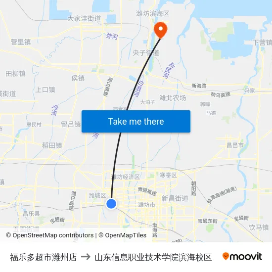 福乐多超市潍州店 to 山东信息职业技术学院滨海校区 map
