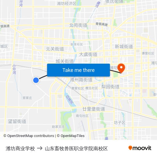 潍坊商业学校 to 山东畜牧兽医职业学院南校区 map