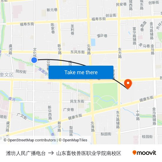 潍坊人民广播电台 to 山东畜牧兽医职业学院南校区 map