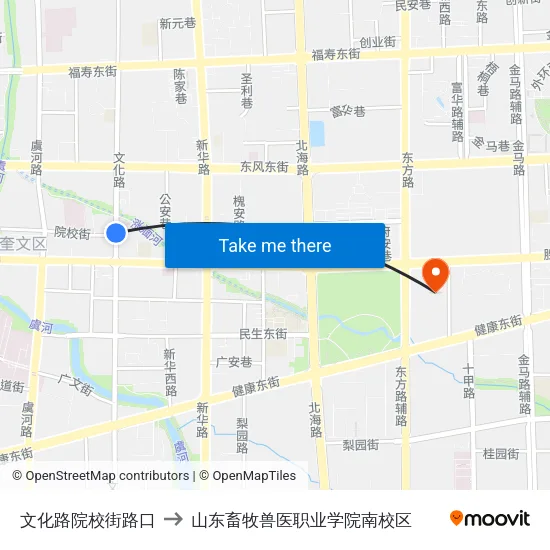 文化路院校街路口 to 山东畜牧兽医职业学院南校区 map