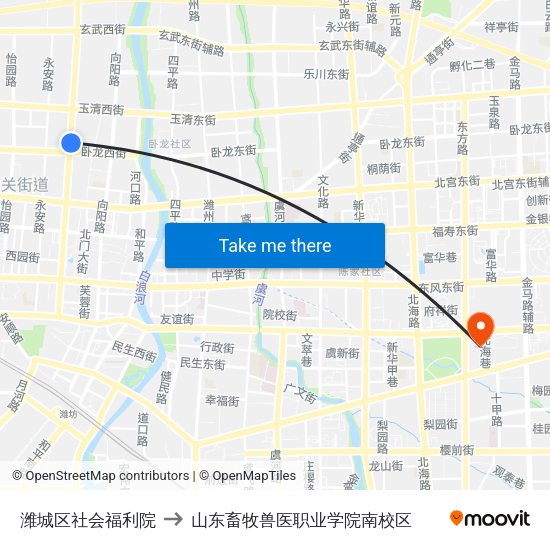 潍城区社会福利院 to 山东畜牧兽医职业学院南校区 map