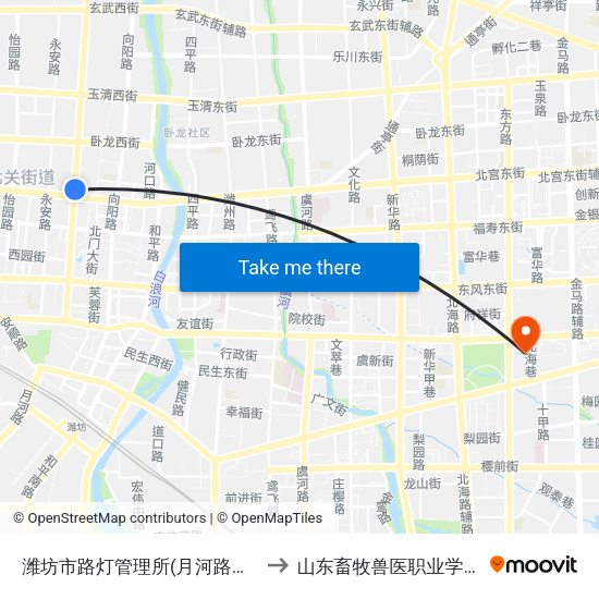 潍坊市路灯管理所(月河路北宫街路口) to 山东畜牧兽医职业学院南校区 map