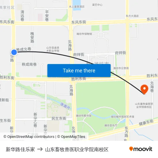 新华路佳乐家 to 山东畜牧兽医职业学院南校区 map