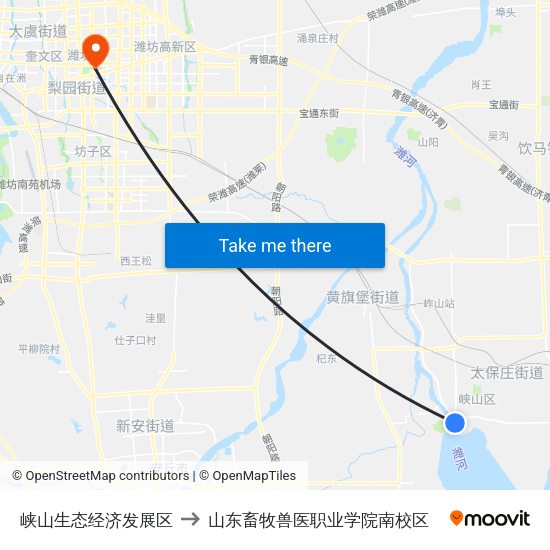 峡山生态经济发展区 to 山东畜牧兽医职业学院南校区 map