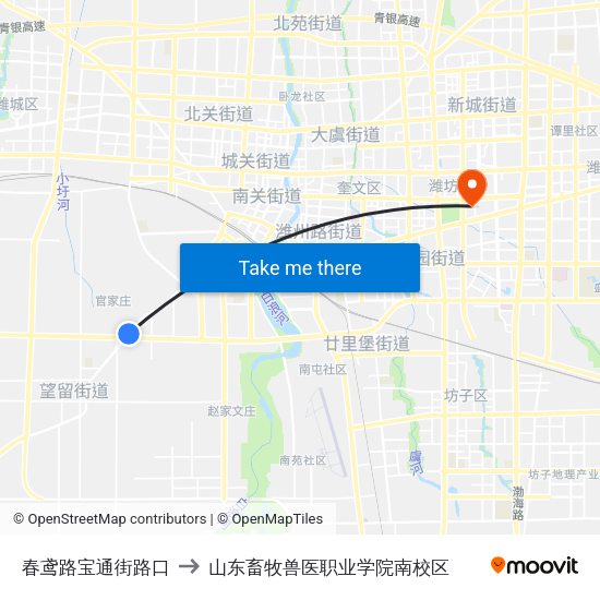 春鸢路宝通街路口 to 山东畜牧兽医职业学院南校区 map
