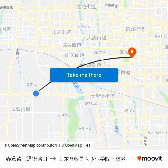 春鸢路宝通街路口 to 山东畜牧兽医职业学院南校区 map