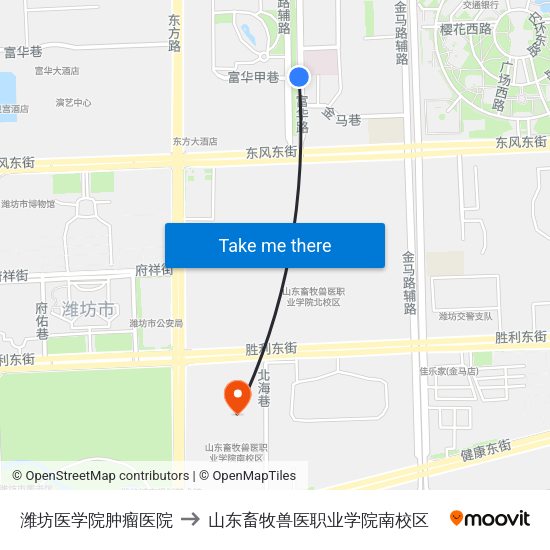 潍坊医学院肿瘤医院 to 山东畜牧兽医职业学院南校区 map