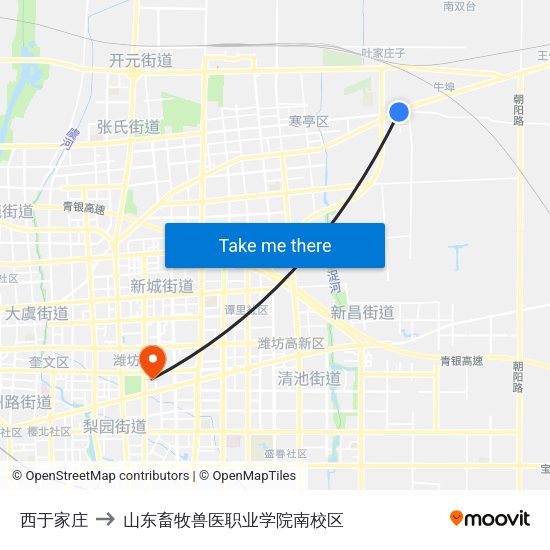 西于家庄 to 山东畜牧兽医职业学院南校区 map
