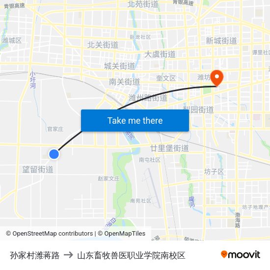 孙家村潍蒋路 to 山东畜牧兽医职业学院南校区 map