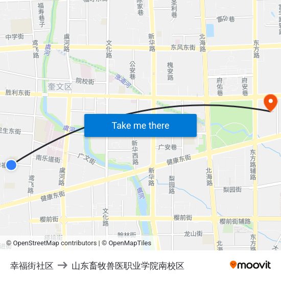 幸福街社区 to 山东畜牧兽医职业学院南校区 map