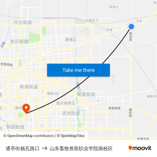 通亭街杨瓦路口 to 山东畜牧兽医职业学院南校区 map