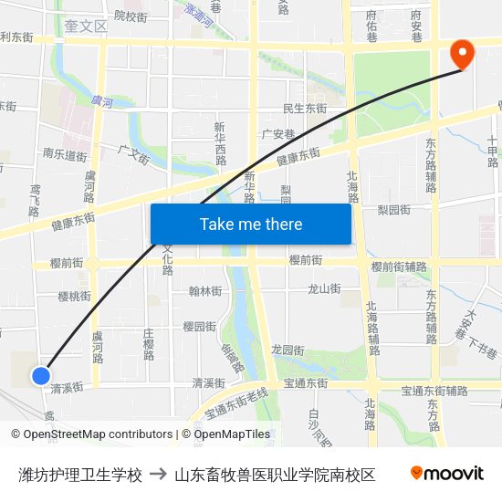 潍坊护理卫生学校 to 山东畜牧兽医职业学院南校区 map