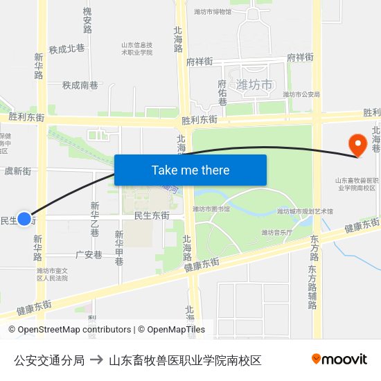 公安交通分局 to 山东畜牧兽医职业学院南校区 map