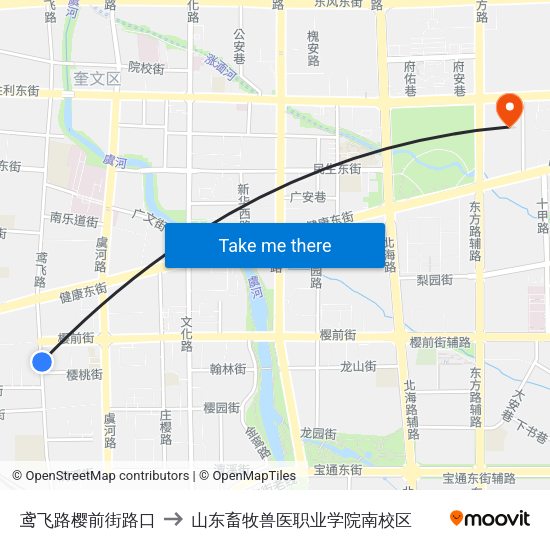 鸢飞路樱前街路口 to 山东畜牧兽医职业学院南校区 map