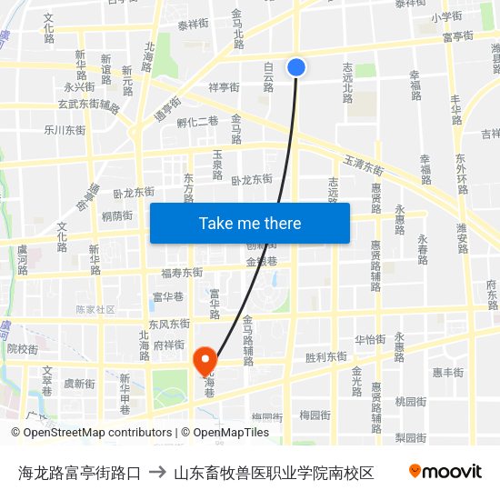 海龙路富亭街路口 to 山东畜牧兽医职业学院南校区 map