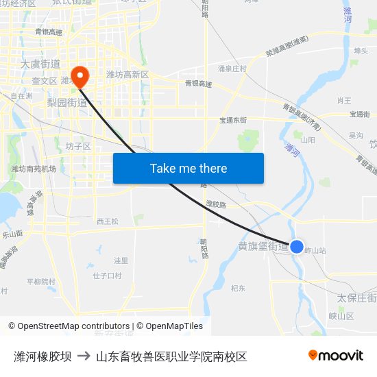 潍河橡胶坝 to 山东畜牧兽医职业学院南校区 map