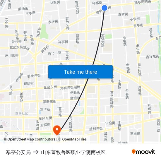 寒亭公安局 to 山东畜牧兽医职业学院南校区 map