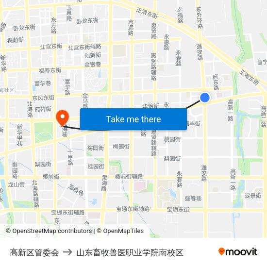 高新区管委会 to 山东畜牧兽医职业学院南校区 map