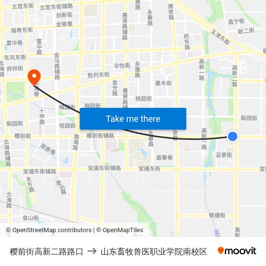 樱前街高新二路路口 to 山东畜牧兽医职业学院南校区 map
