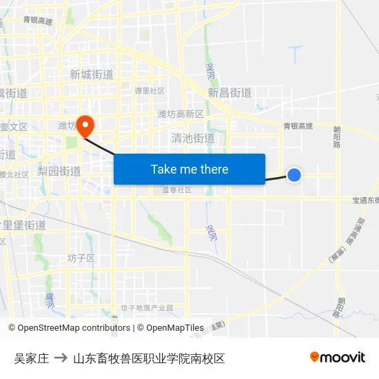 吴家庄 to 山东畜牧兽医职业学院南校区 map