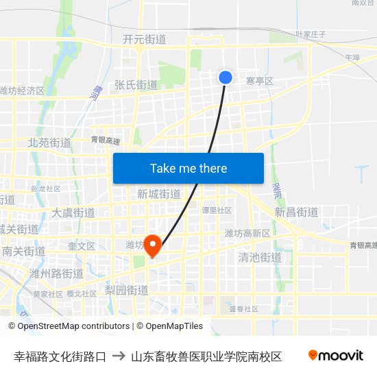 幸福路文化街路口 to 山东畜牧兽医职业学院南校区 map
