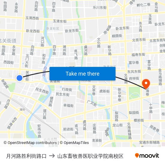 月河路胜利街路口 to 山东畜牧兽医职业学院南校区 map