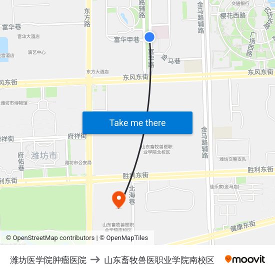 潍坊医学院肿瘤医院 to 山东畜牧兽医职业学院南校区 map