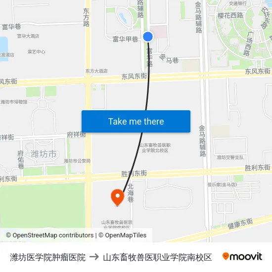 潍坊医学院肿瘤医院 to 山东畜牧兽医职业学院南校区 map