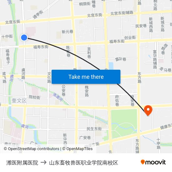 潍医附属医院 to 山东畜牧兽医职业学院南校区 map