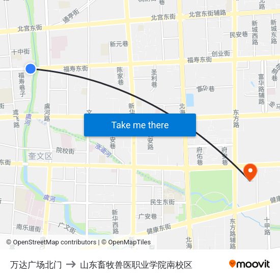 万达广场北门 to 山东畜牧兽医职业学院南校区 map