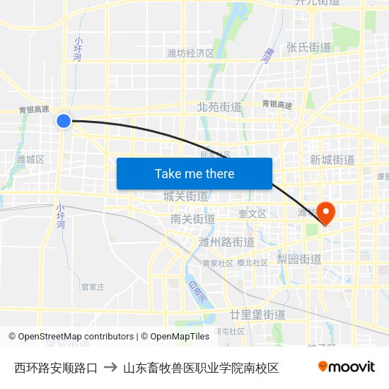 西环路安顺路口 to 山东畜牧兽医职业学院南校区 map