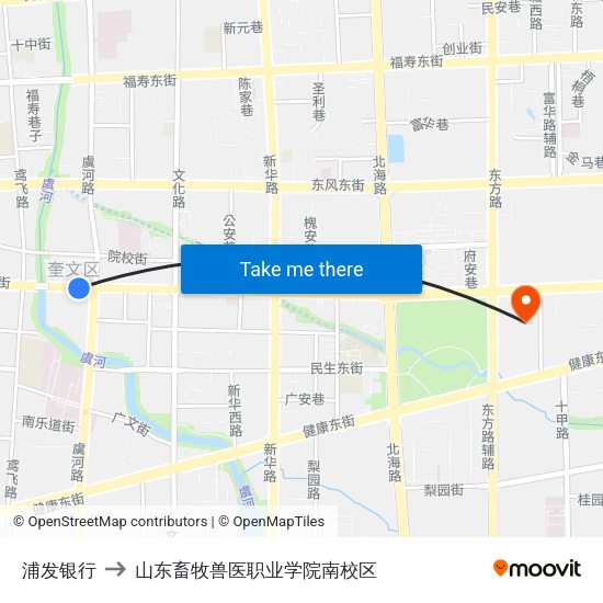 浦发银行 to 山东畜牧兽医职业学院南校区 map