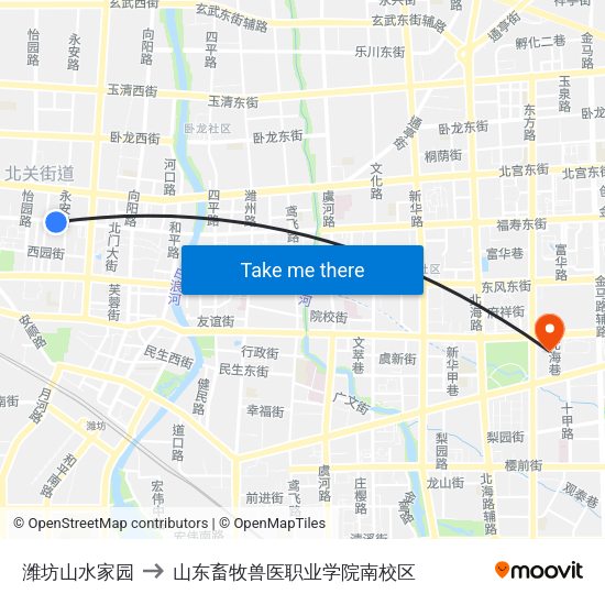 潍坊山水家园 to 山东畜牧兽医职业学院南校区 map