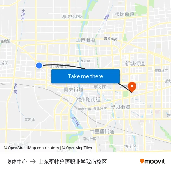 奥体中心 to 山东畜牧兽医职业学院南校区 map