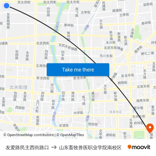 友爱路民主西街路口 to 山东畜牧兽医职业学院南校区 map