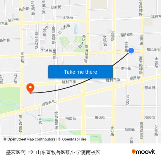 盛宏医药 to 山东畜牧兽医职业学院南校区 map