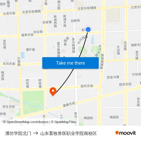 潍坊学院北门 to 山东畜牧兽医职业学院南校区 map