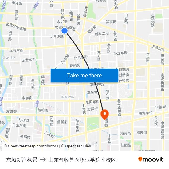 东城新海枫景 to 山东畜牧兽医职业学院南校区 map