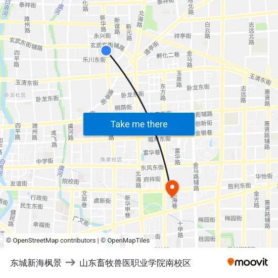 东城新海枫景 to 山东畜牧兽医职业学院南校区 map