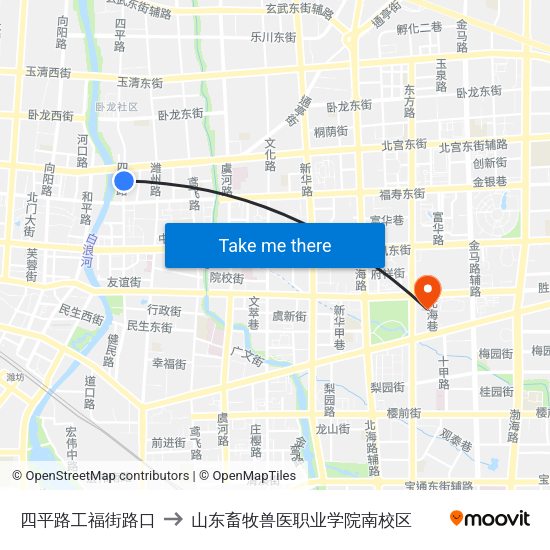 四平路工福街路口 to 山东畜牧兽医职业学院南校区 map