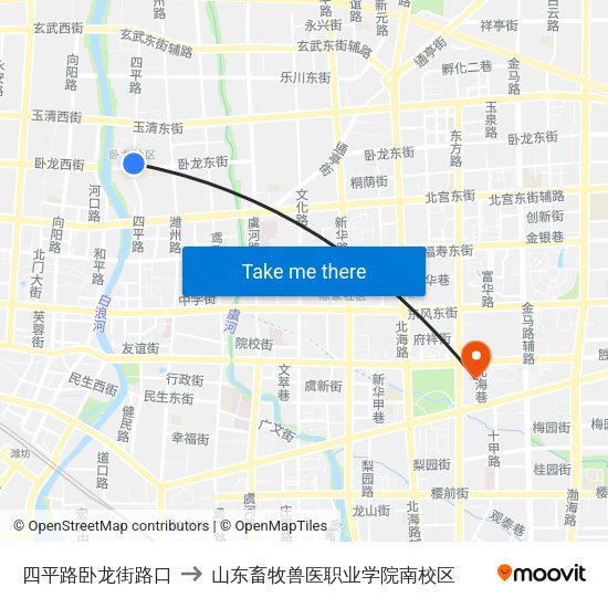 四平路卧龙街路口 to 山东畜牧兽医职业学院南校区 map