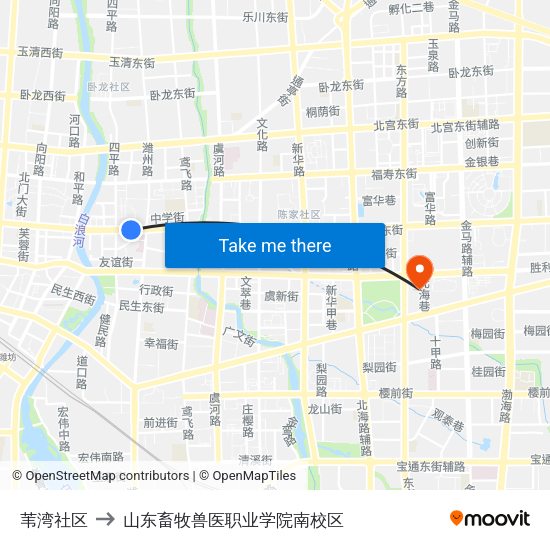 苇湾社区 to 山东畜牧兽医职业学院南校区 map