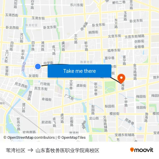 苇湾社区 to 山东畜牧兽医职业学院南校区 map