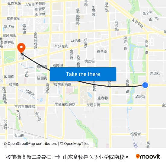 樱前街高新二路路口 to 山东畜牧兽医职业学院南校区 map