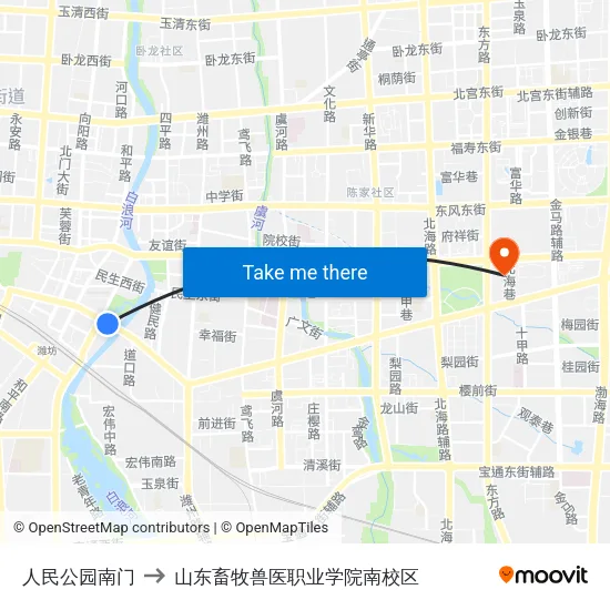 人民公园南门 to 山东畜牧兽医职业学院南校区 map