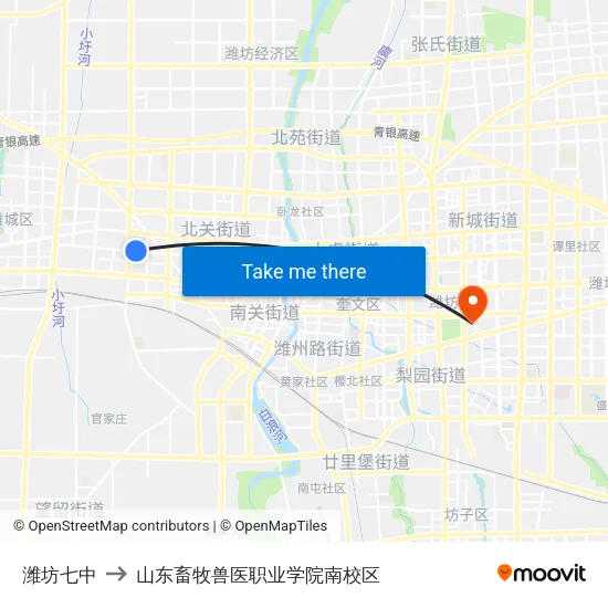 潍坊七中 to 山东畜牧兽医职业学院南校区 map