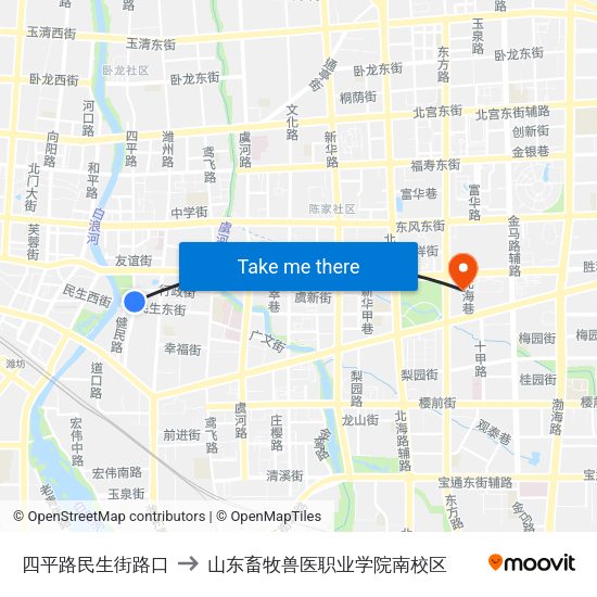 四平路民生街路口 to 山东畜牧兽医职业学院南校区 map
