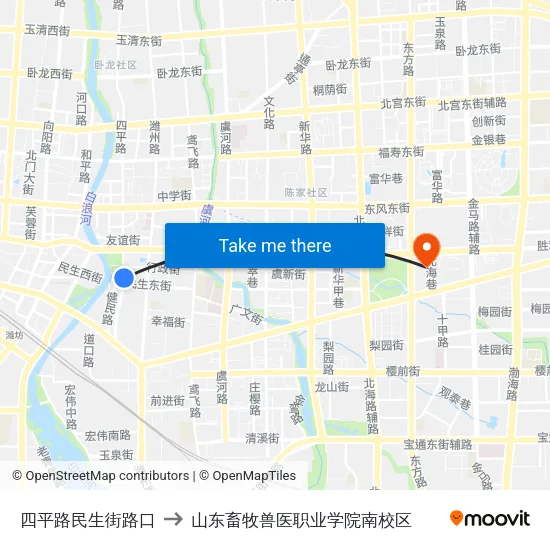 四平路民生街路口 to 山东畜牧兽医职业学院南校区 map