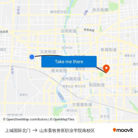 上城国际北门 to 山东畜牧兽医职业学院南校区 map